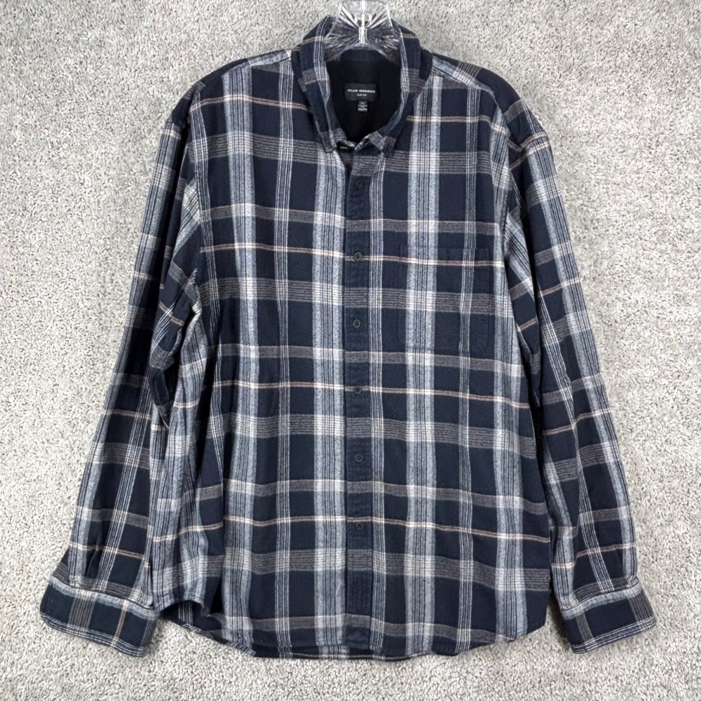 Club Monaco XXL Slim Fit Plaid Flannel Shirt Navy Blue Cotton Button Down